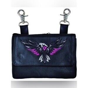 Biker Leather Eagle Hip Bag Pink Black Embroidered Pouch Clip On Waist
